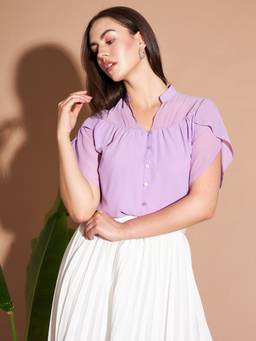 Marie Claire - Women Casual Lavender Color V Neck Solid Regular Top