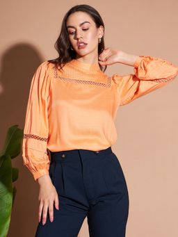 Marie Claire - Women Casual Orange Color Round Neck Self Design Regular Top
