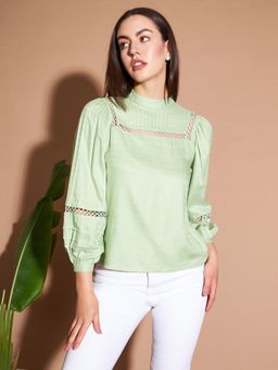 Marie Claire - Women Casual Green Color Round Neck Self Design Regular Top