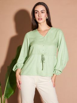 Marie Claire - Women Casual Green Color V Neck Self Design Regular Top