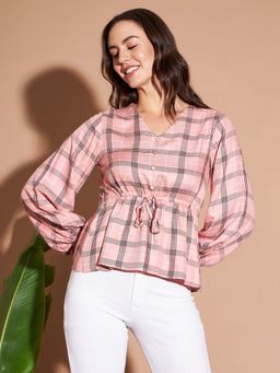 Marie Claire - Women Casual Peach Color V Neck Checkered Regular Top