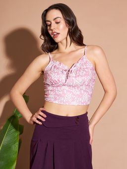 Marie Claire - Women Casual Pink Color Shoulder Straps Floral Fitted Crop Top