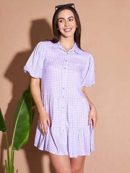 Marie Claire - Women Casual Lavender Color Mini Checkered Dress