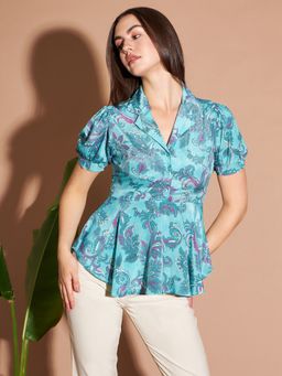 Marie Claire - Women Casual Green Color Shirt Mandarin Floral Peplum Top
