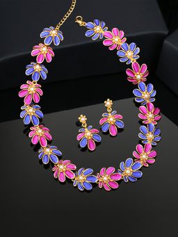Estele - Gold Plated Floret Designer Necklace Set with Pink & Blue Enamel for Women