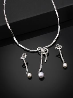 Estele - Rhodium Plated Beautiful Bowline Necklace Set with White Austrian Crystals for Women