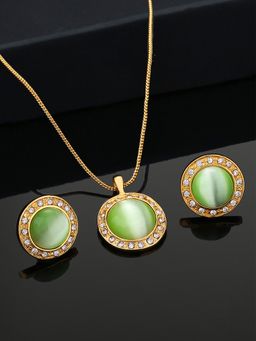 Estele - Gold Plated Circular Designer Necklace Set with Green Pearl & Crystals for Women