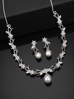 Estele - Rhodium Gold Plated Elegant Blossom Designer Necklace Set with Pearl for Women