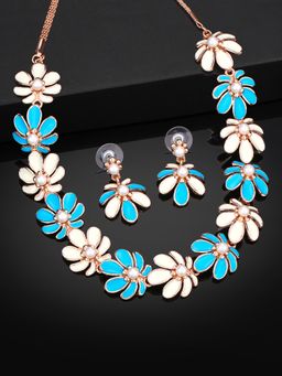 Estele - Rose Gold Plated Floret Designer Necklace Set with Blue & White Enamel for Women