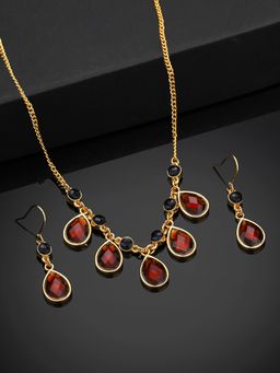 Estele - Gold Plated Tear Drop Shaped Necklace Set with Brown Austrian Crystals for Women
