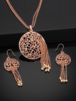 Estele - Rose Gold Plated Macrame Patterned Circle Designer Necklace Set for Women