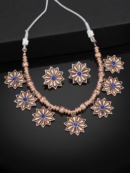 Estele - Rose Gold Plated Floral Shaped Necklace Set with Blue Stones for Women