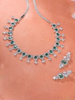 Estele - Rhodium Plated CZ Sparkling Necklace Set with Green Austrian Crystals for Women
