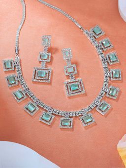 Estele - Rhodium Plated CZ Geometric Designer Necklace Set with Mint Green Crystals for Women