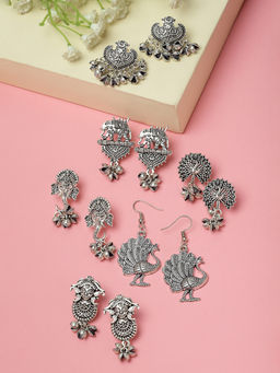 PANASH - Set of 6 Oxidised Silver-Plated Contemporary Drop Earrings