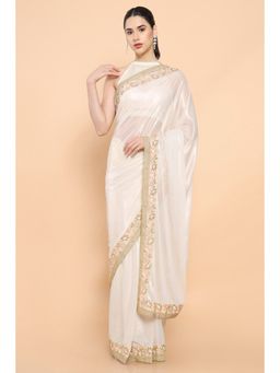 Soch - Women Beige Chiffon Embroidered Saree with Unstitched Blouse