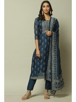 Biba - Blue Chanderi Unstitched Suit (Set of 3)