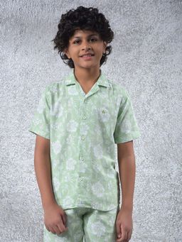 CRIMSOUNE CLUB - Boy's Green Floral Print 100% Cotton Cuban Collar Shirt