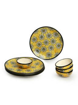 ExclusiveLane - 'Californian Sunflowers' Hand-Painted Ceramic Dinner Set (8 Pieces)