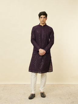 Manyavar - Mens Purple Georgette Embroidered Kurta Pyjama (Set of 2)