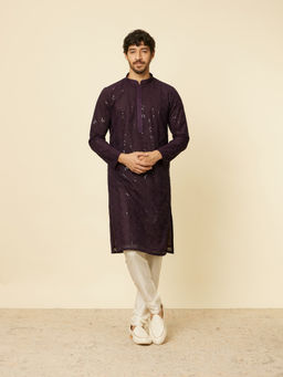 Manyavar - Mens Purple Georgette Embroidered Kurta Pyjama (Set of 2)
