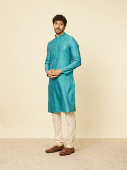 Manyavar - Mens Blue Blended Viscose Self Design Kurta Pyjama (Set of 2)