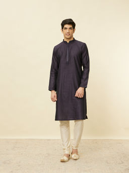 Manyavar - Mens Navy Blue Blended Viscose Self Design Kurta Pyjama (Set of 2)