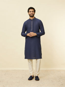 Manyavar - Mens Navy Blue Blended Cotton Self Design Kurta Pyjama (Set of 2)