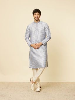 Manyavar - Mens Grey Art Silk Printed Kurta Pyjama (Set of 2)