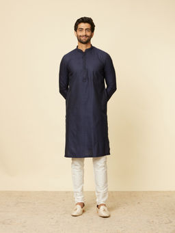 Manyavar - Mens Navy Blue Blended Viscose Self Design Kurta Pyjama (Set of 2)