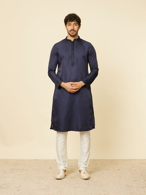 Manyavar Mens Navy Blue Satin Solid Kurta Pyjama (Set of 2)