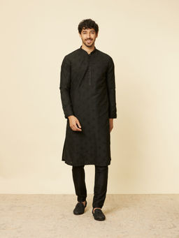Manyavar - Mens Black Blended Viscose Embroidered Kurta Pyjama (Set of 2)