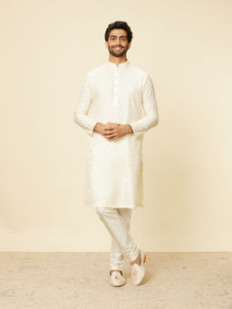 Manyavar - Mens Cream Blended Viscose Self Design Kurta Pyjama (Set of 2)
