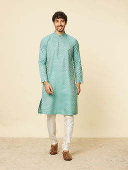 Manyavar - Mens Green Blended Viscose Self Design Kurta Pyjama (Set of 2)