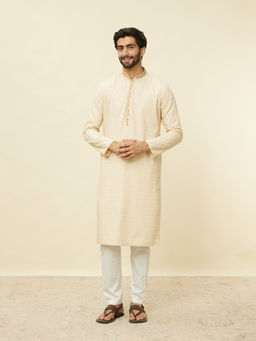 Manyavar - Mens Beige Cotton Self Design Kurta Pyjama (Set of 2)