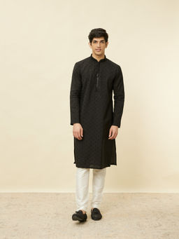 Manyavar - Mens Black Blended Viscose Embroidered Kurta Pyjama (Set of 2)