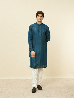 Manyavar - Mens Teal Blended Viscose Embellished Kurta Pyjama (Set of 2)