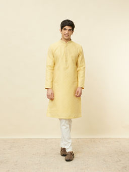 Manyavar - Mens Yellow Blended Cotton Printed Kurta Pyjama (Set of 2)