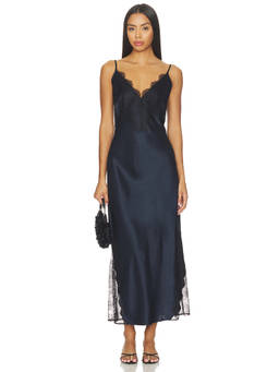 ANINE BING - Women's Lace Trim Satin Slip Nightdress Navy Blue