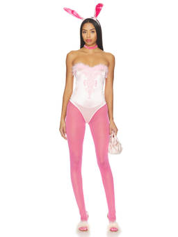 Dolls Kill - Lawful Women's Fluffy Trim Embroidered Bodysuit Pink