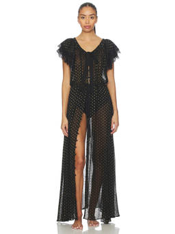 For Love & Lemons - Lurex Dot Women's Lace Trim Tie-Up Robe Black