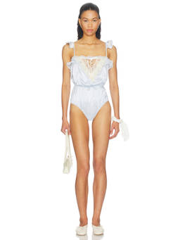 For Love & Lemons - Cleo Female Lace Trim Satin Bodysuit Blue