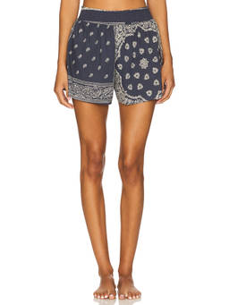 The Great - Smocked Women's Elastic Waist Paisley Sleep Shorts Navy Blue