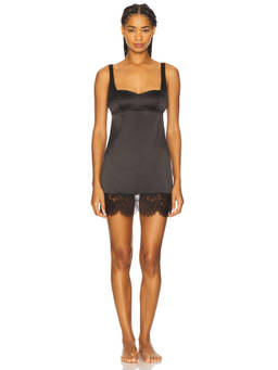 Hanky Panky - Lexi Wood Women's Lace Trim Adjustable Strap Mini Slip Dress Black