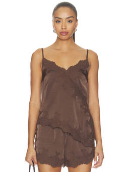 HEARTLOOM - Libby Women's Lace Trim Adjustable Strap Satin Cami Top Brown