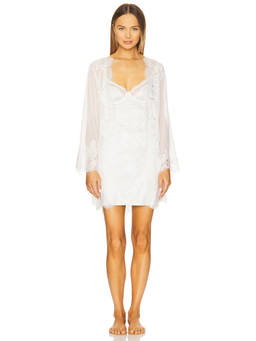 homebodii - Helena Women's Lace Trim Sheer Chiffon Mini Robe White