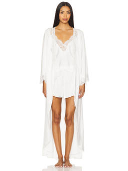 homebodii - Sian Women's Lace Trim Satin Maxi Robe White