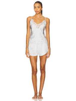 homebodii - Sian Women's Lace Trim Adjustable Strap Satin Pajama Set White