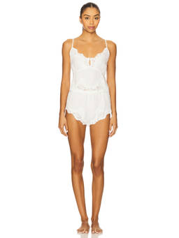 homebodii - Valentina Women's Lace Trim Adjustable Strap Cami Set White