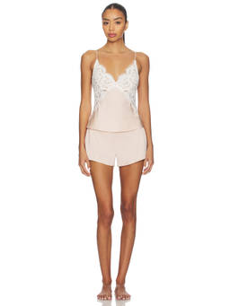 homebodii - Lace Trim Women's Satin Cami & Shorts Pajama Set Nude